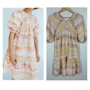 Zara Linen Cotton‎ Girls Dress Size 13/14 Pink Yellow Tie-Dye Smocked Summer